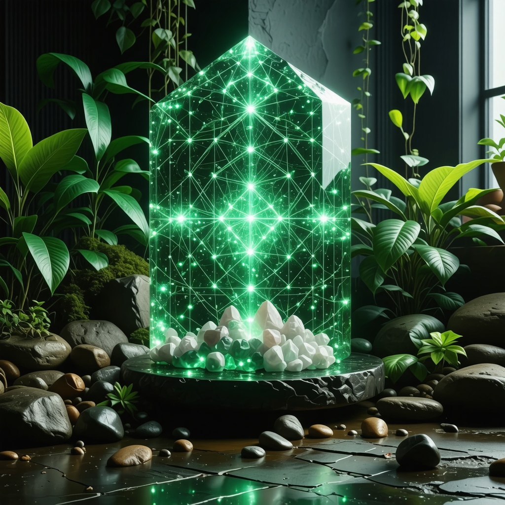 Intricate crystal grid featuring glowing sacred geometry and quantum waveforms in a natural, serene environment