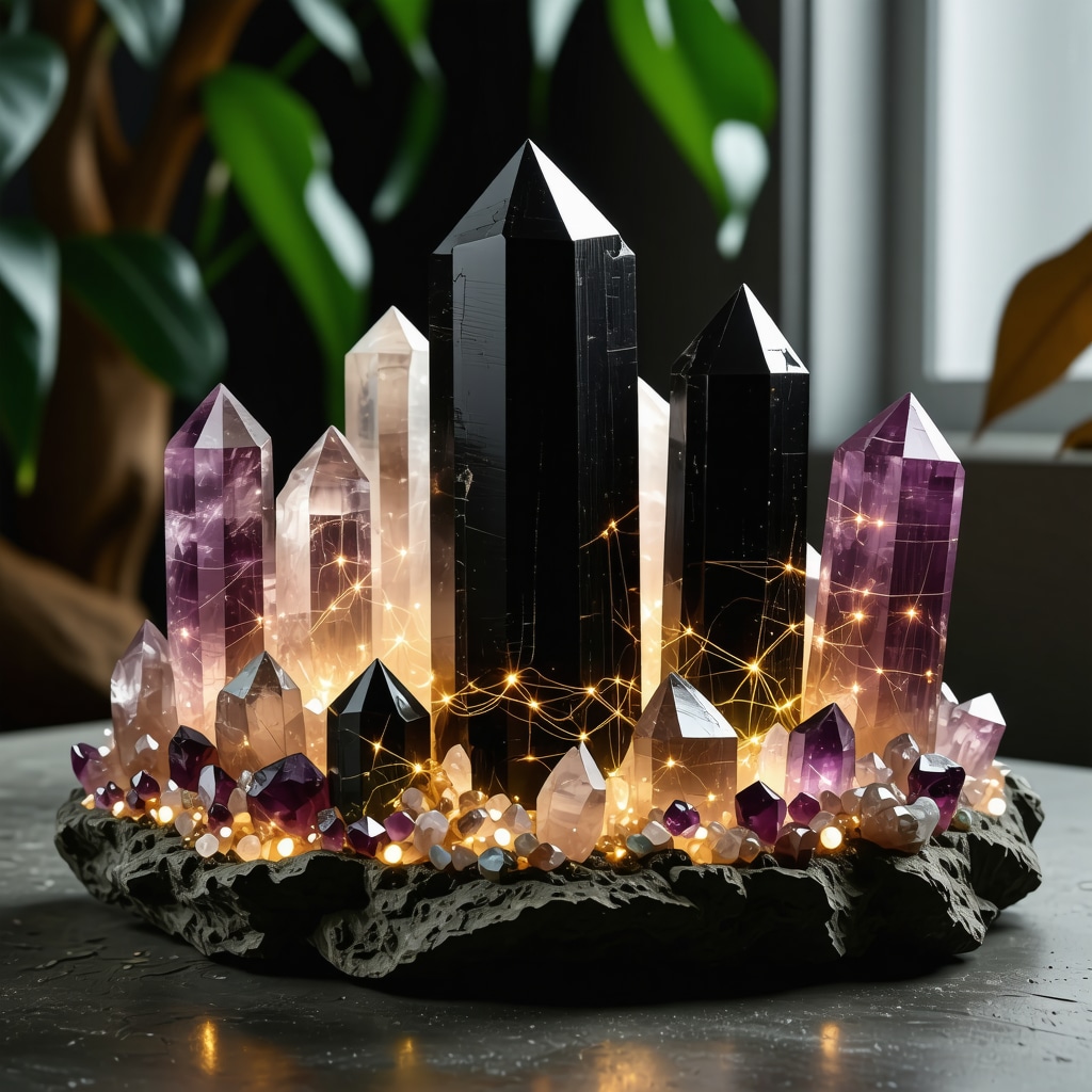 Protective crystals surrounded by glowing quantum energy patterns in a harmonious indoor setting