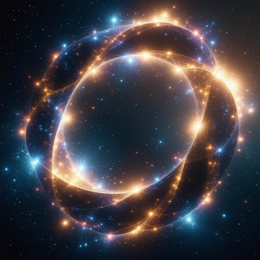 Luminous figure-eight symbol with quantum particle waves and octagonal sacred geometry in cosmic energy background