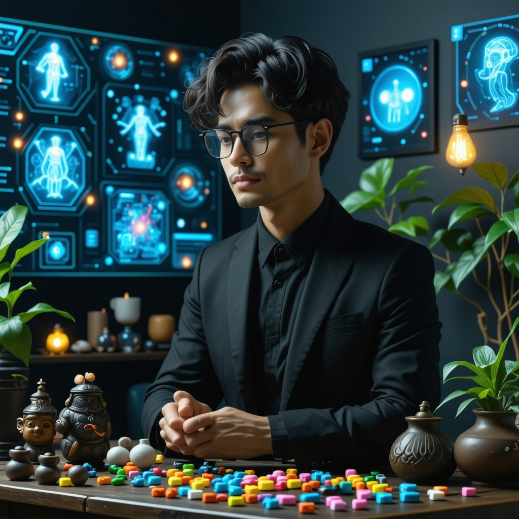 Professional using biofeedback and AI-enhanced rituals in a modern office with multicultural lucky charms