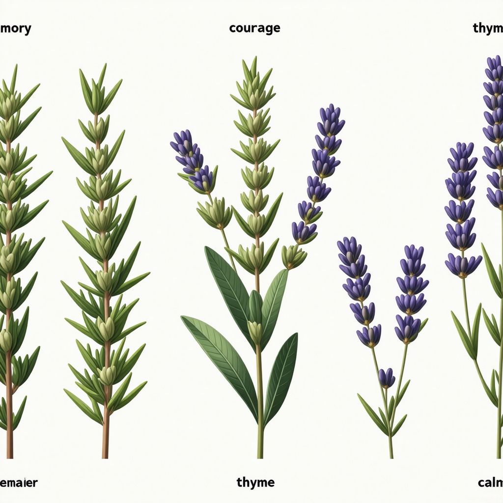 Illustration of rosemary, thyme, lavender, and chamomile with symbolic icons and neural networks representing herb symbolism's psychological impact