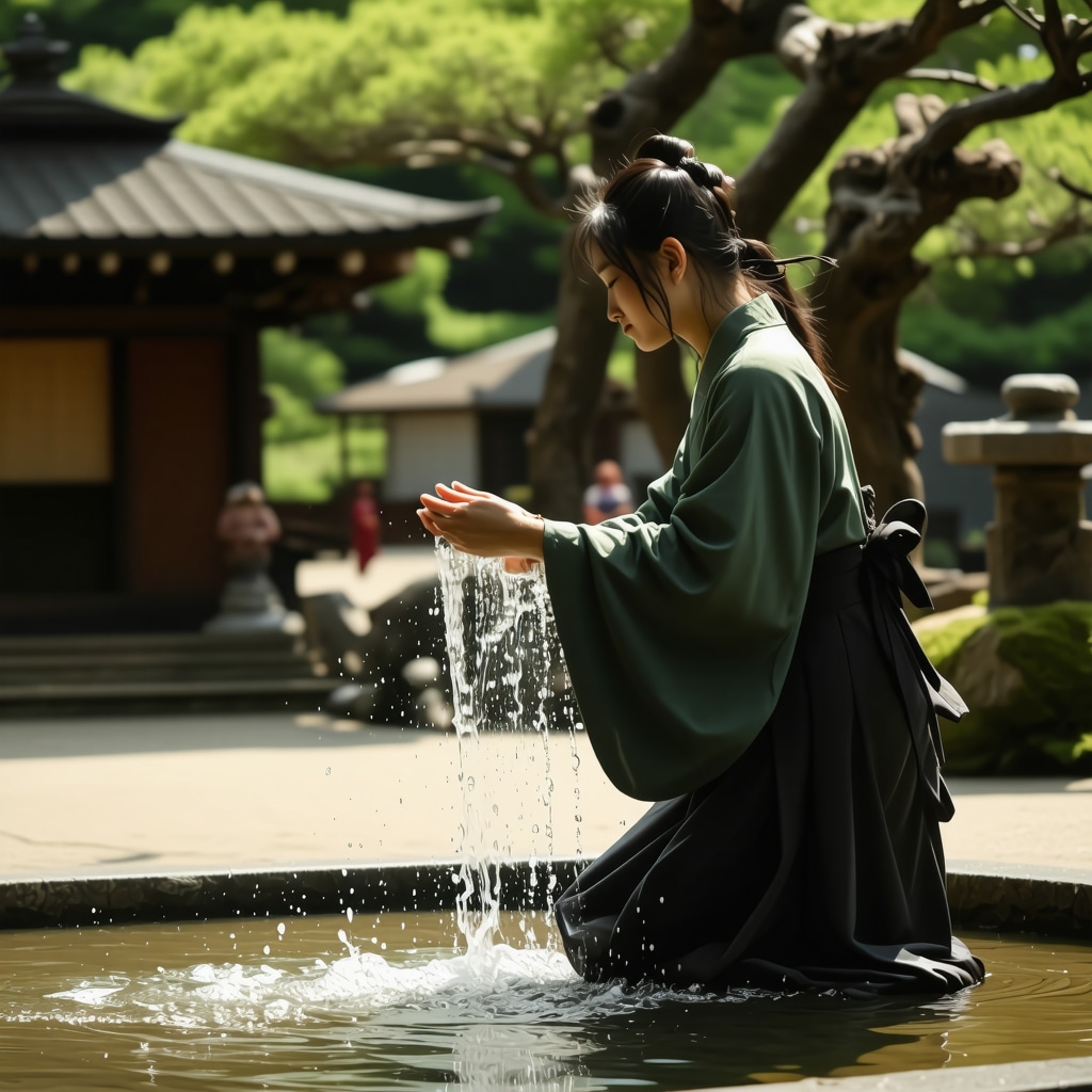 Person performing harae purification ritual at a serene Japanese shrine