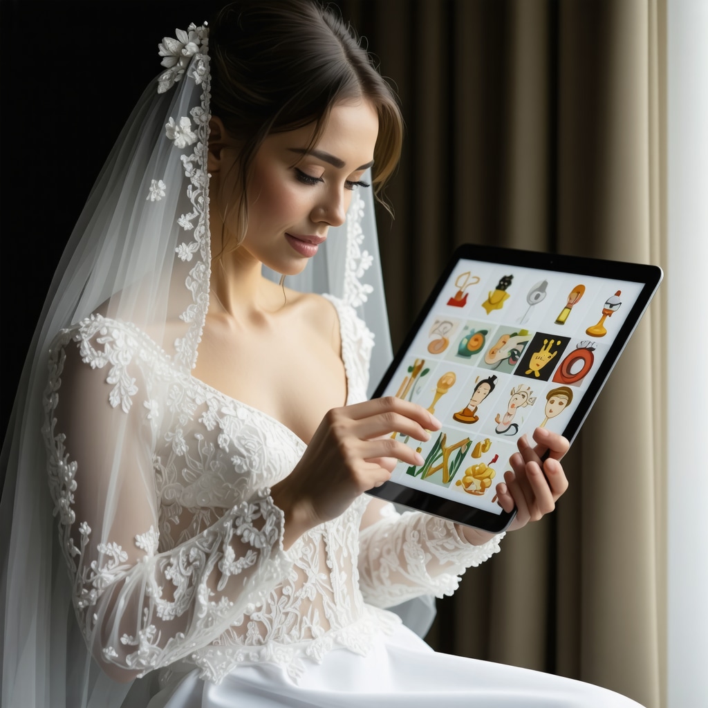 Bride holding tablet showing fusion of traditional bridal superstitions and digital culture