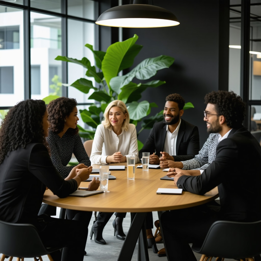 Diverse professionals in a meeting practicing cultural superstition awareness in business setting