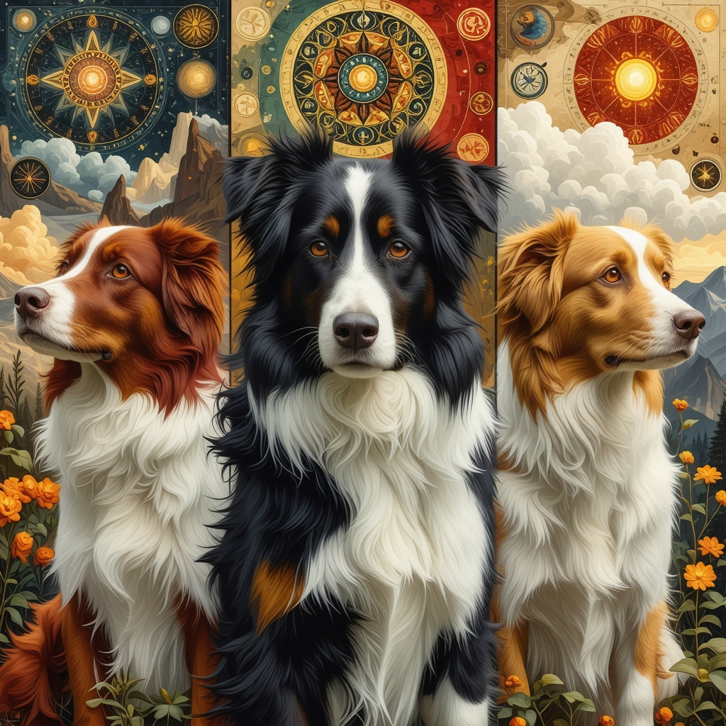 Collage of various colored dogs in symbolic environments with cultural and Jungian archetype motifs