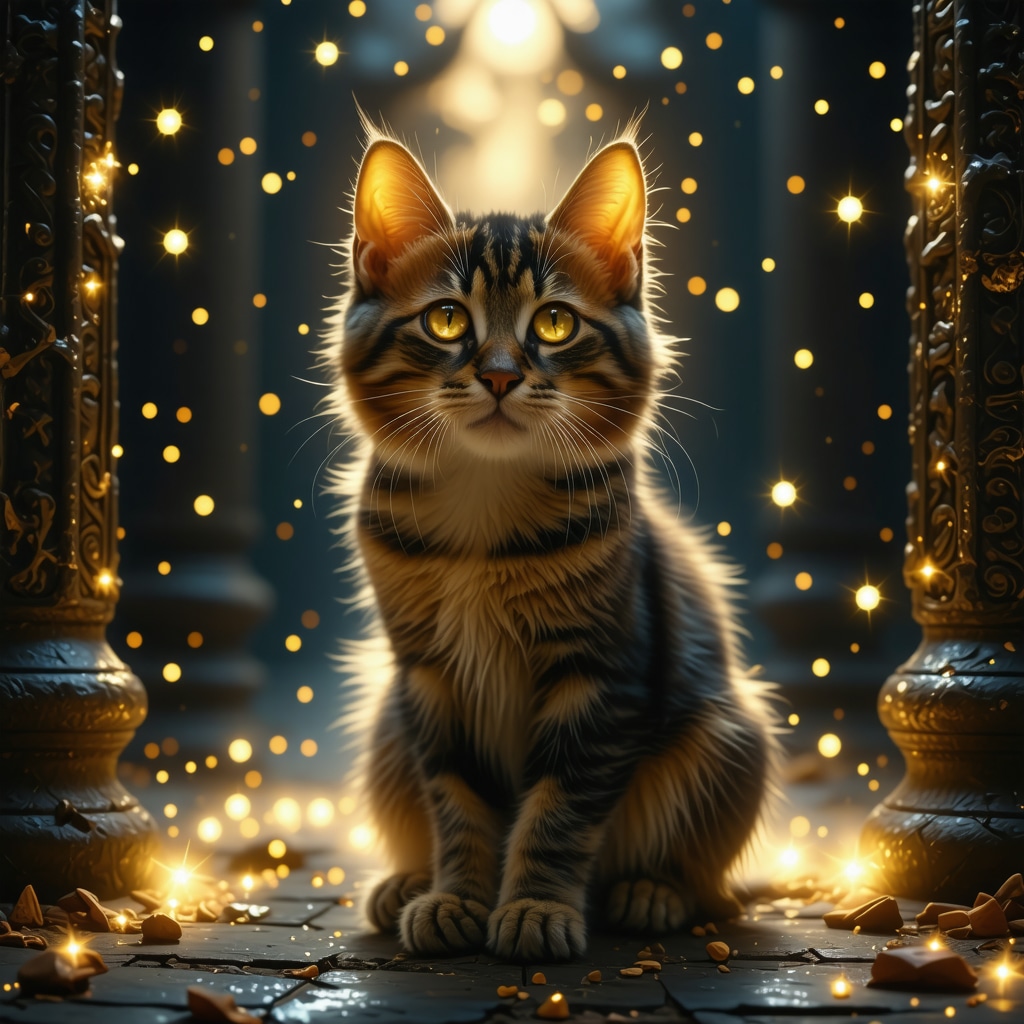 A glowing-eyed cat at the boundary of two ethereal realms symbolizing spiritual and quantum connections