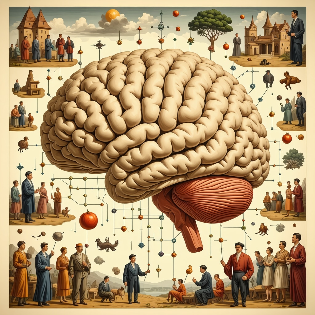 Illustration of brain regions involved in superstition with cultural and professional elements