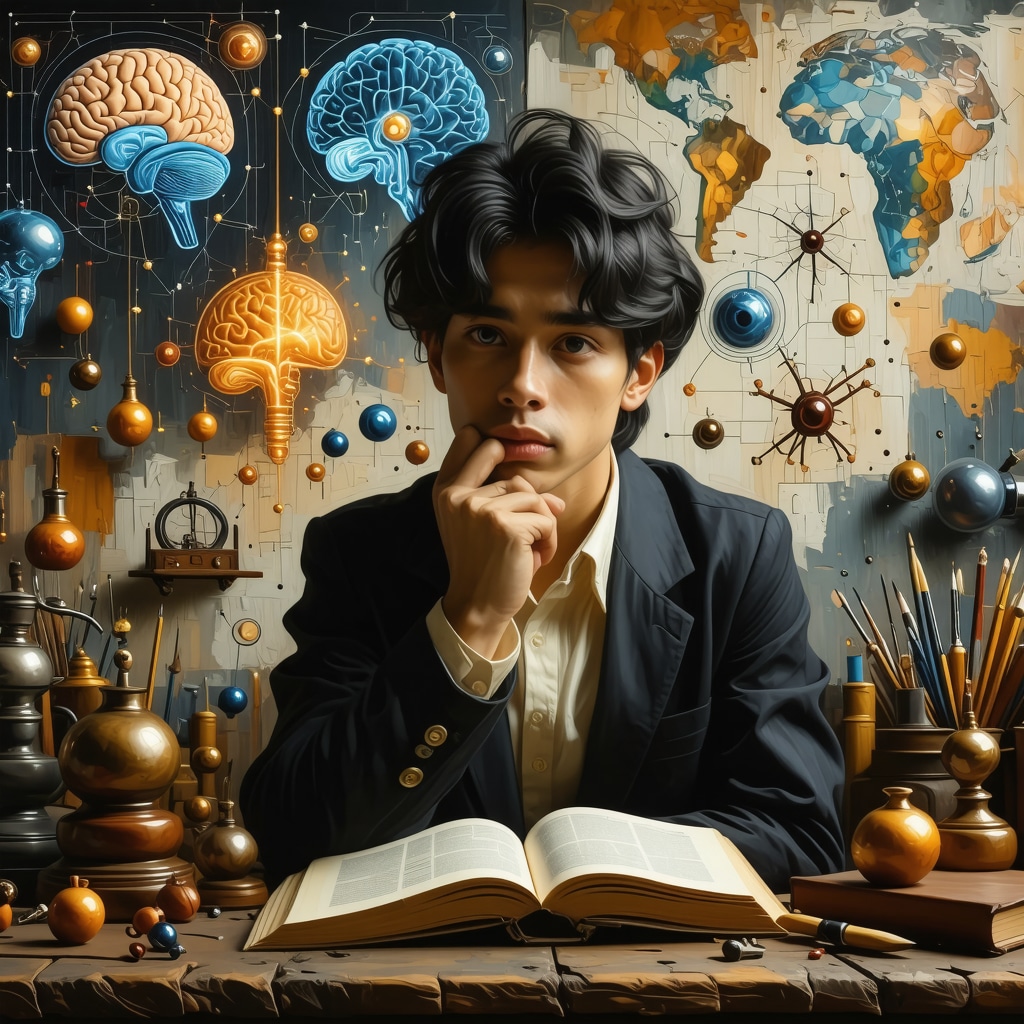 Student with cultural exam talismans and brain neural pathway illustrations representing the science behind exam rituals
