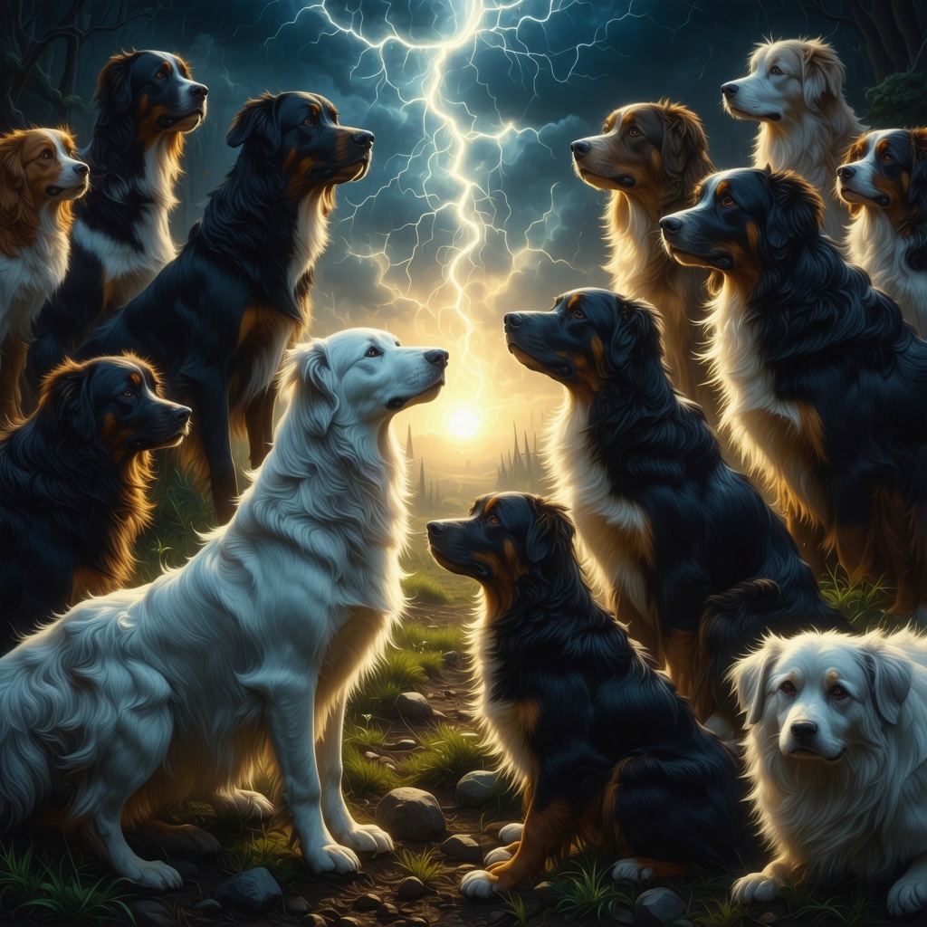 Different colored dogs at a crossroads with glowing spiritual energy to illustrate dog omen symbolism