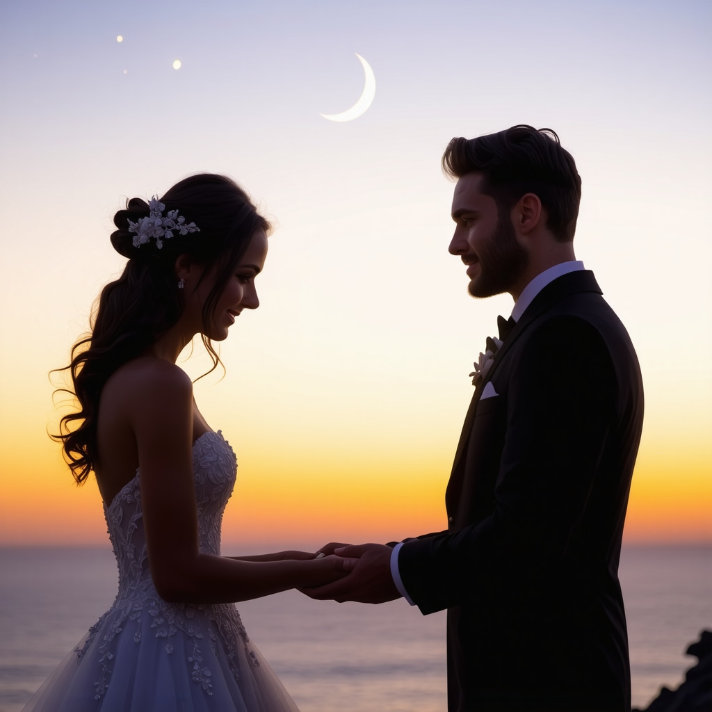 Couple exchanging wedding rings at sunset with stars and crescent moon symbolizing cosmic timing