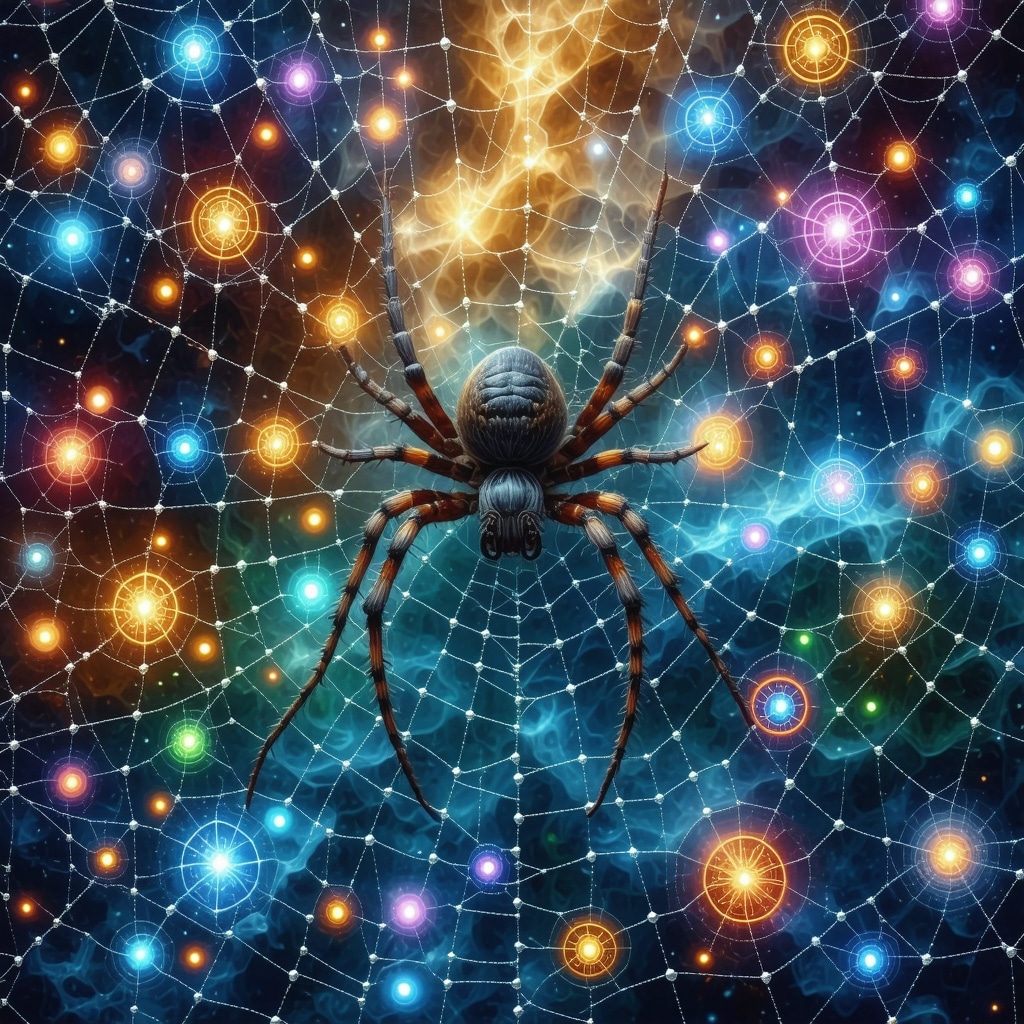 Spider web combined with neural network graphics symbolizing neurosemiotics and cultural symbolism