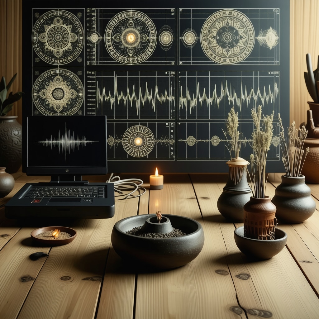 Biofeedback device screens showing EEG and HRV data alongside ancient mandala symbols and sage rituals in a meditation environment
