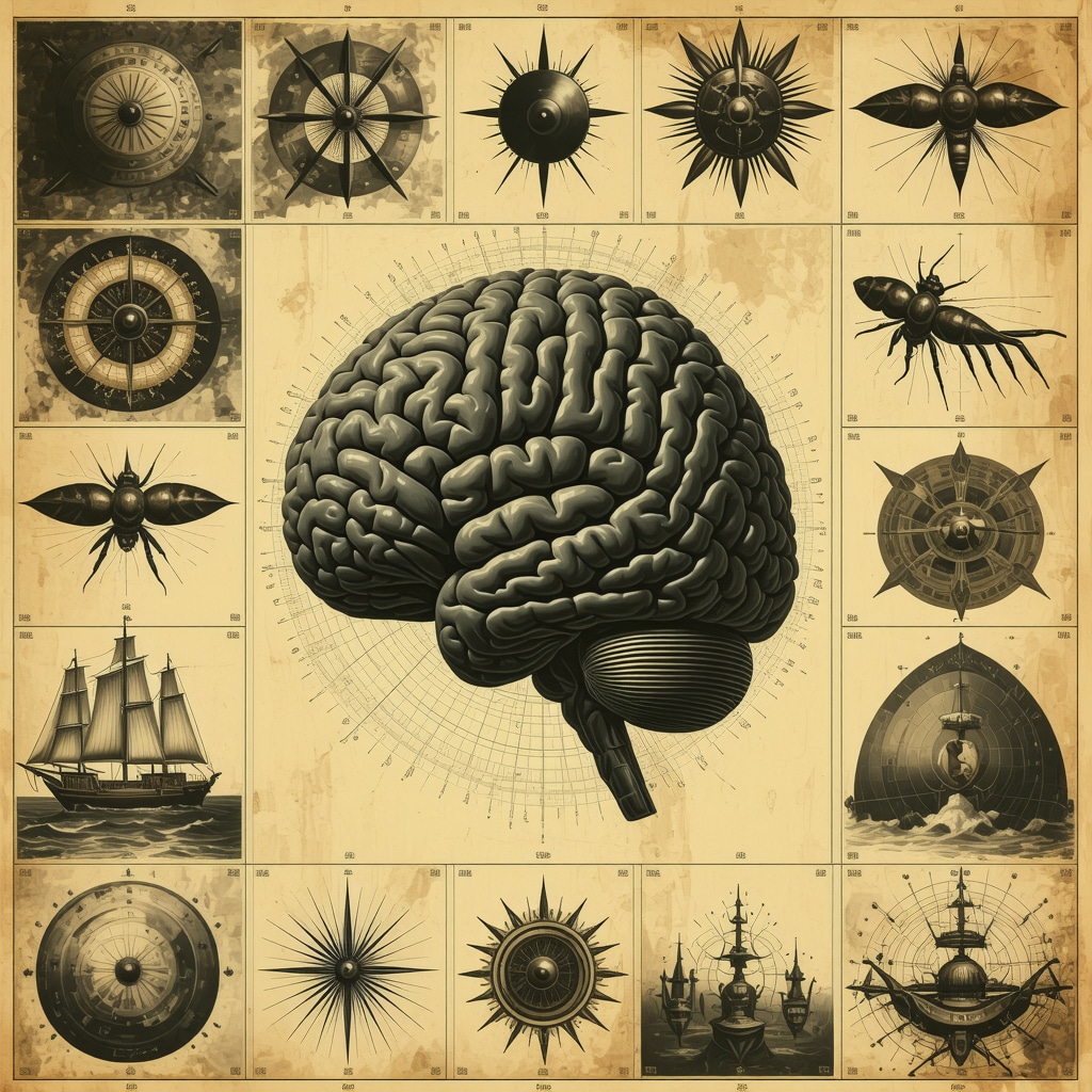 Illustration showing a collage of American superstitions with Native American symbols, maritime themes, and brain patterns representing psychological aspects