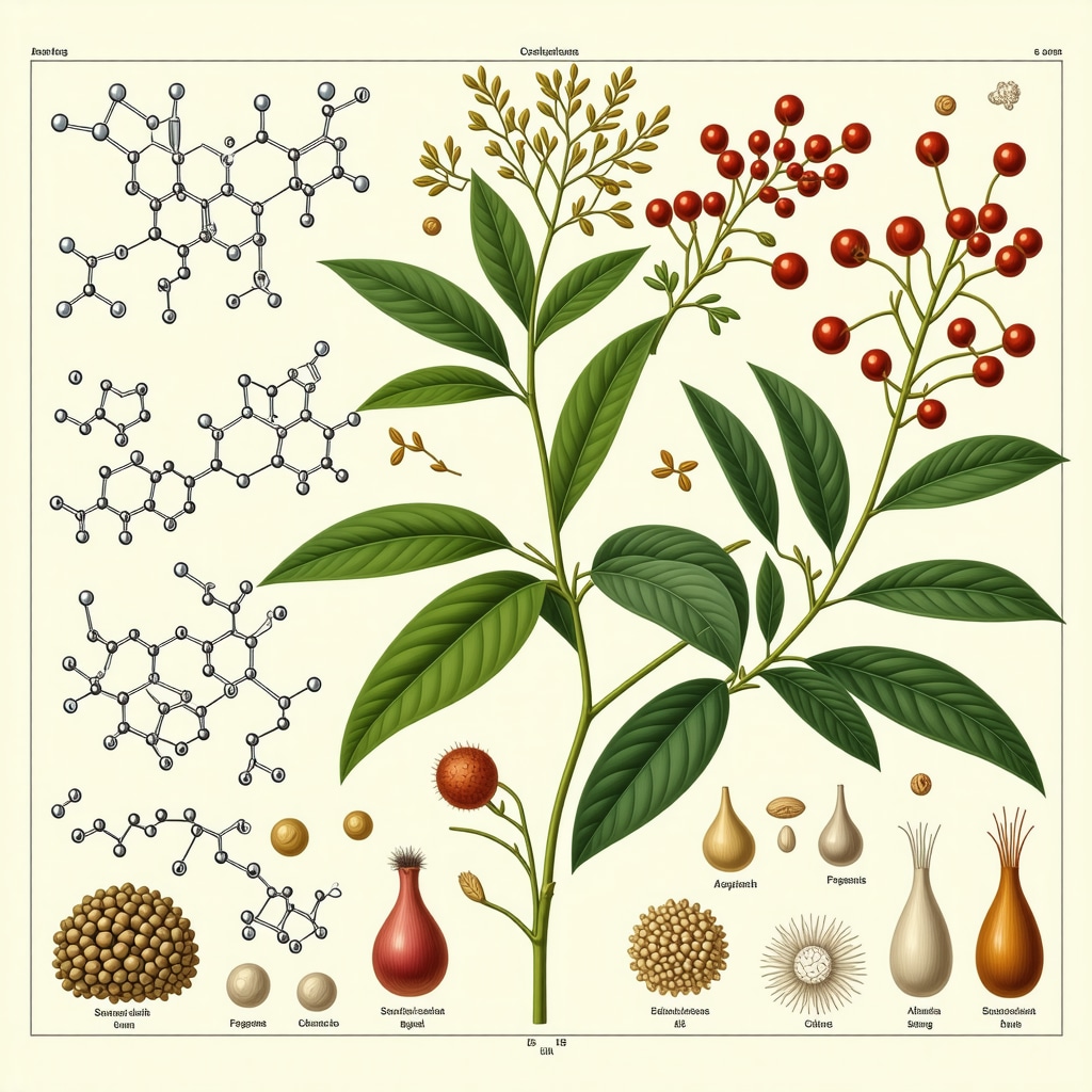 Scientific illustration of West African ritual plants with chemical structure overlays and traditional motifs