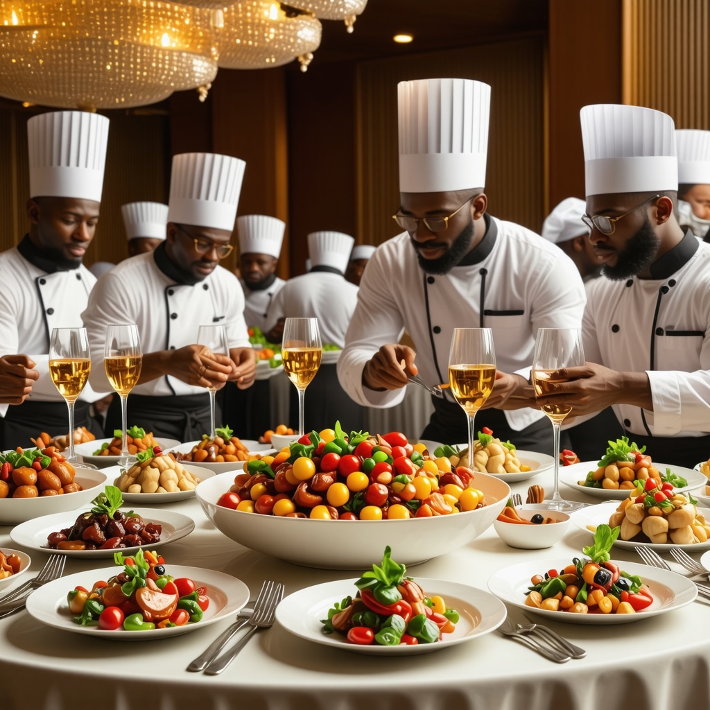 An elegant banquet featuring diverse dishes carefully curated to respect cultural food superstitions with diplomats and chefs engaging
