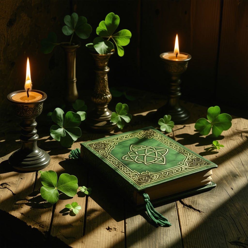 An Irish luck charm altar featuring shamrocks, Celtic symbols, candlelight, and a journal symbolizing spiritual and neuroscientific integration