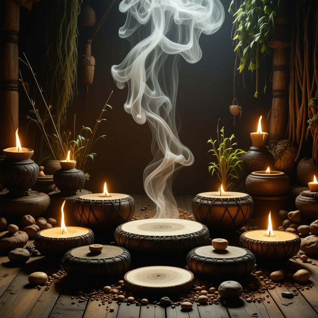 A ritual space featuring incense smoke, glowing amulets, rhythmic drums, and a neurofeedback device showing brainwave patterns