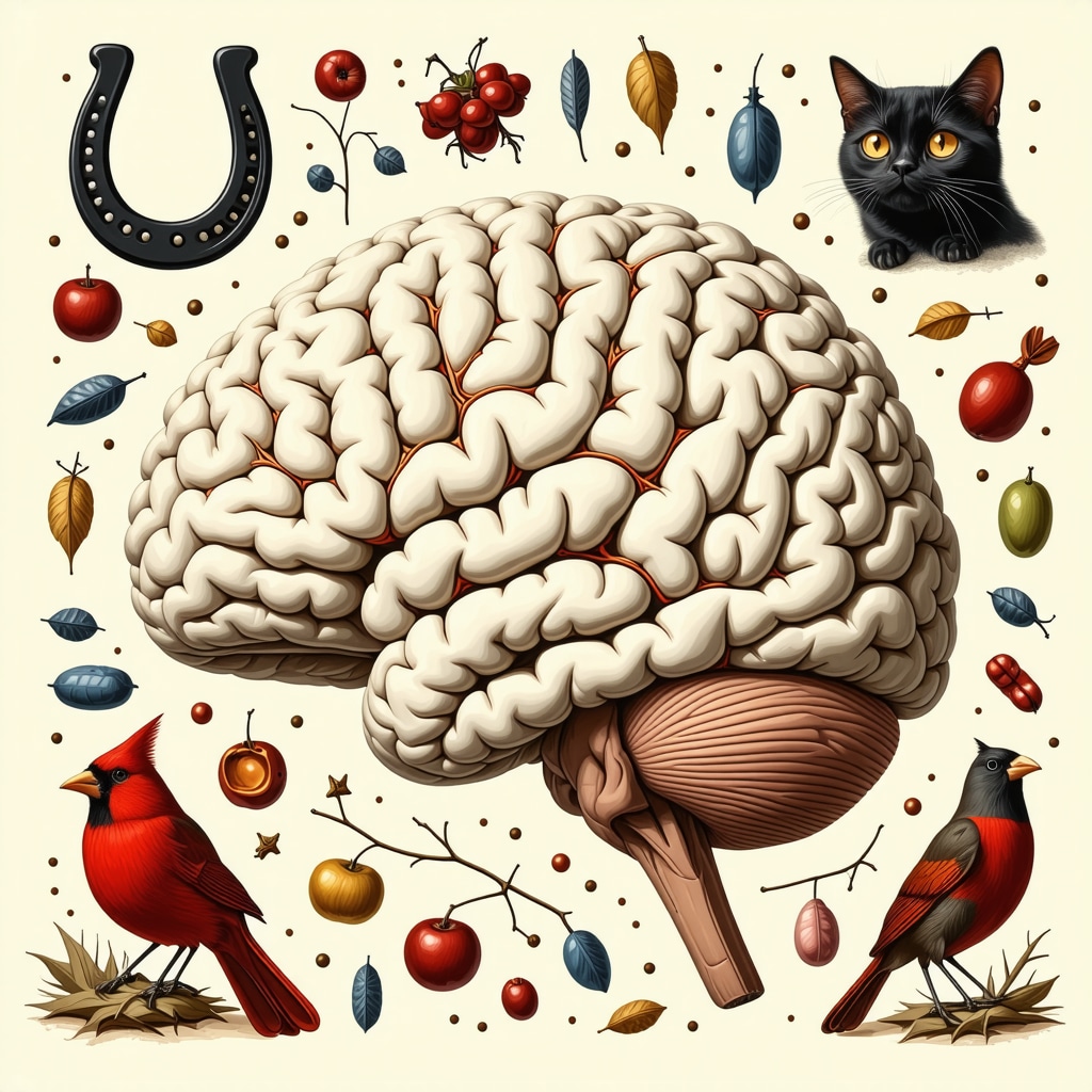 Brain illustration with superstition symbols such as horseshoe, black cat, and cardinal