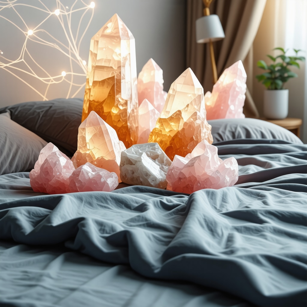Bedroom scene showing rose quartz and citrine crystals with overlay of quantum energy waves symbolizing charm vibrational coherence