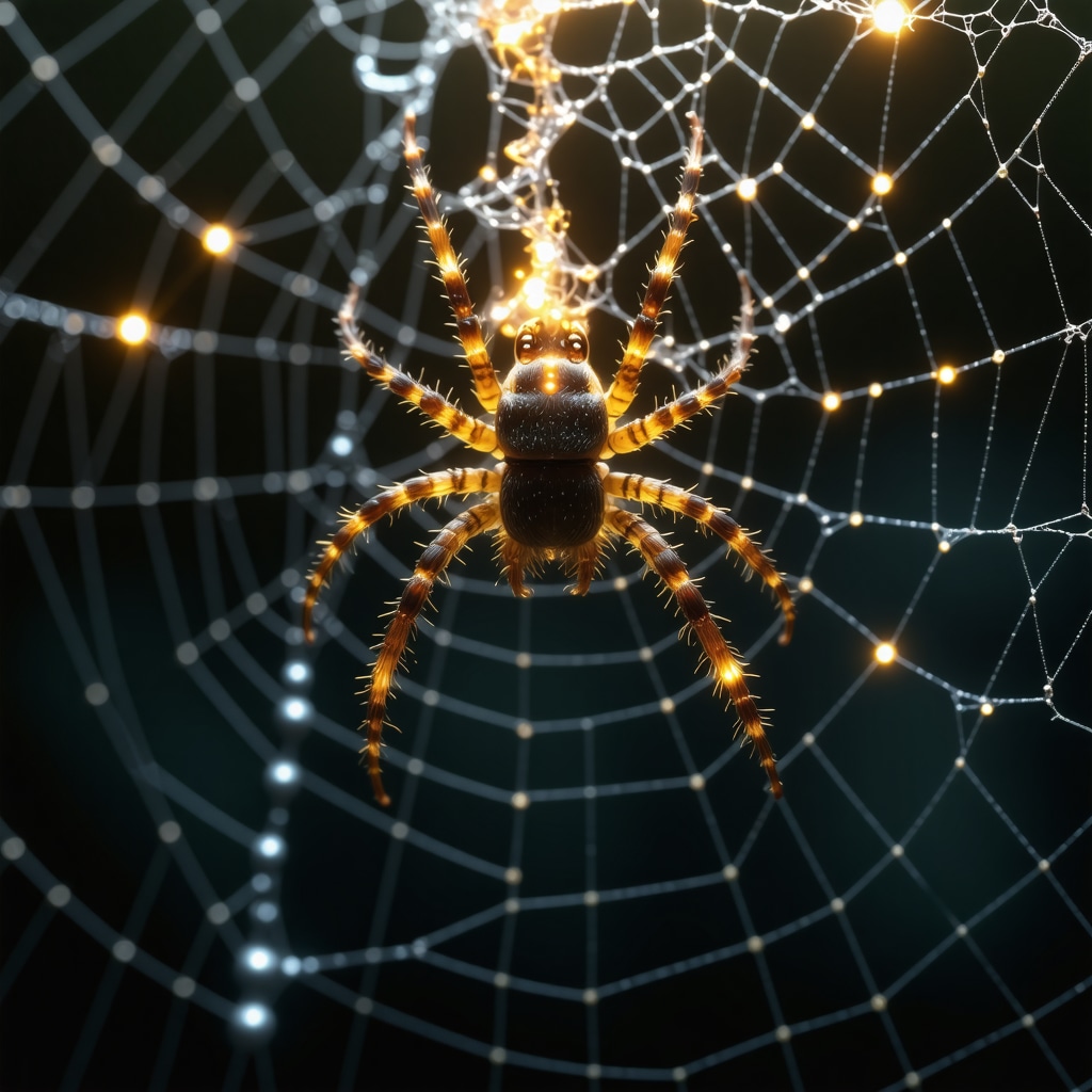 Artistic spider weaving a glowing web symbolizing interconnectedness, fate, and psychological transformation