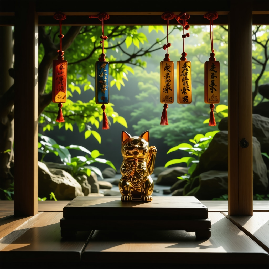 Colorful Japanese Omamori pouches hanging at a shrine with a golden Maneki Neko figurine nearby