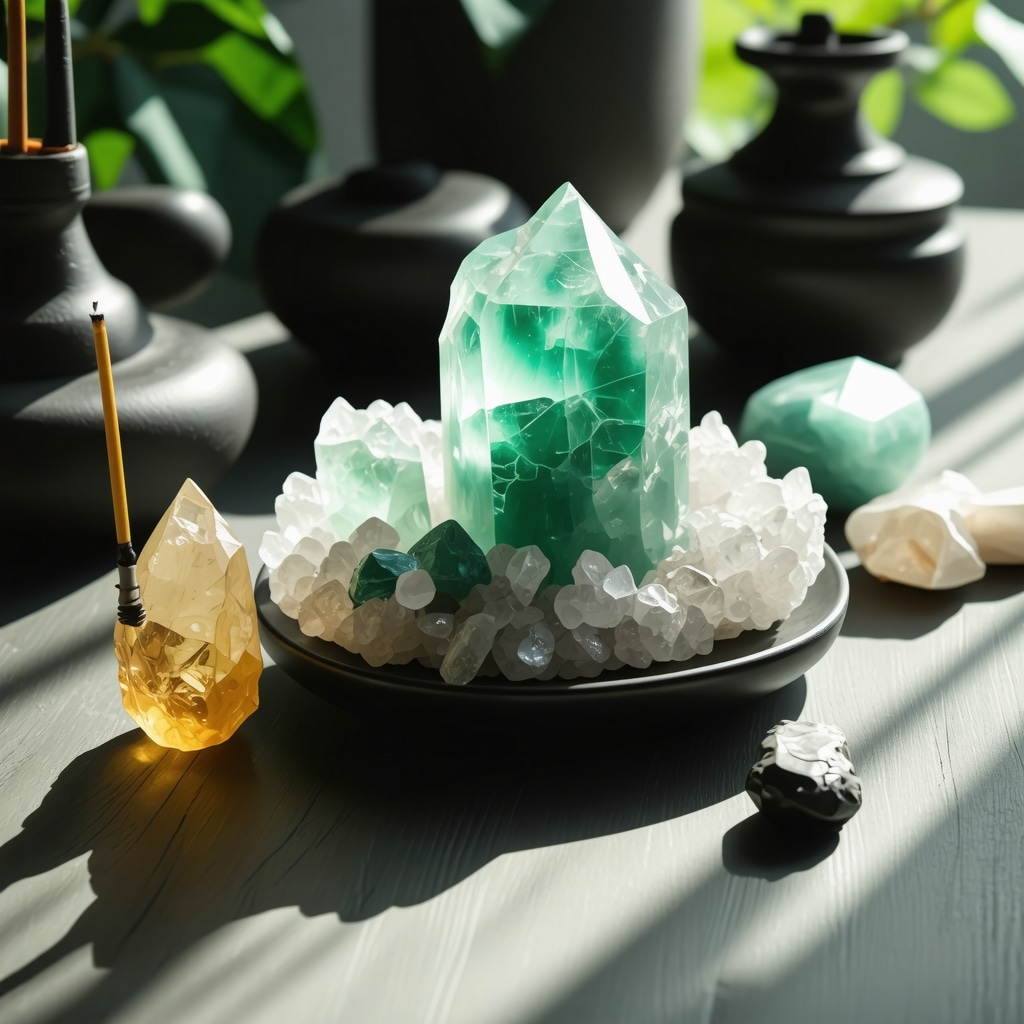 Crystals including green aventurine and citrine arranged with incense and soft lighting for a multisensory ritual