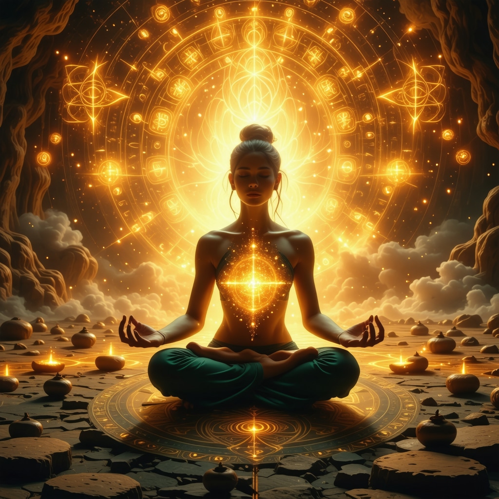 Person meditating surrounded by ancient spiritual symbols in a serene environment