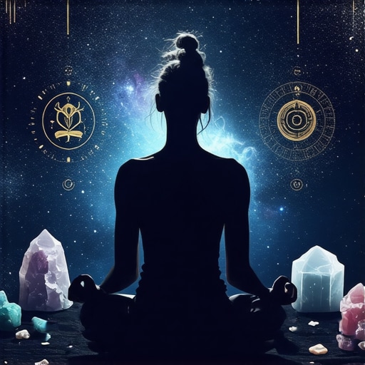 Meditation scene with symbols of ancient myths and crystals for manifestation