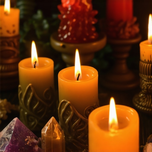 A calming image of a personal protection ritual setup with candles, symbols, and crystals, highlighting depth and personalization.