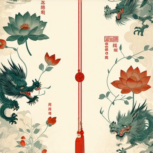 Asian Symbols and Mythology Colorful depiction of Asian symbols like dragons, lotus, and red strings in traditional art style.