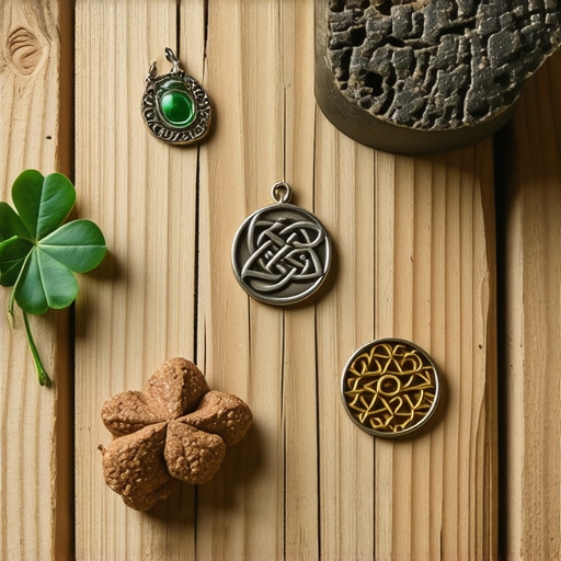 Irish Lucky Charms Collection Irish lucky charms including a four-leaf clover, Celtic knot, and talisman on wood