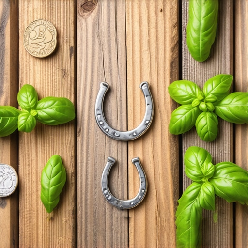 Italian Luck Charms and Folk Rituals Close-up of traditional Italian luck charms, including horseshoes, basil, and coins, symbolizing prosperity and protection.