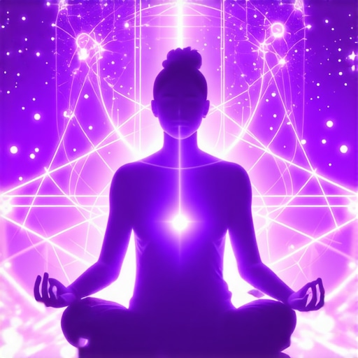 Meditation with Sacred Geometry Person meditating surrounded by glowing sacred geometric symbols, symbolizing neuroplasticity and spiritual growth.