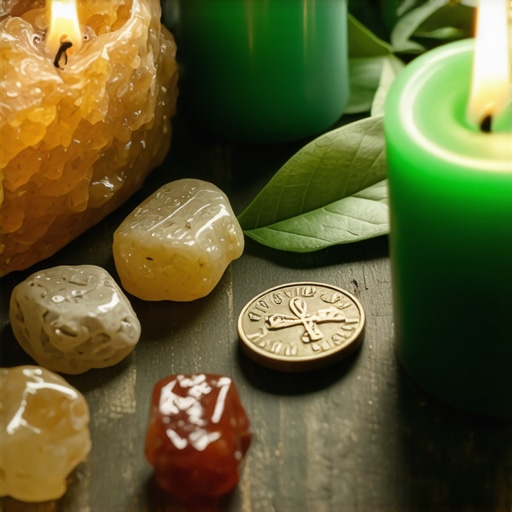 Wealth Ritual Symbols Altar An altar with wealth symbols including citrine, oak leaves, coins, and a green candle