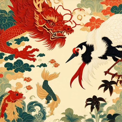 Illustration of Asian folklore animals like dragons, cranes, and koi fish with traditional motifs.