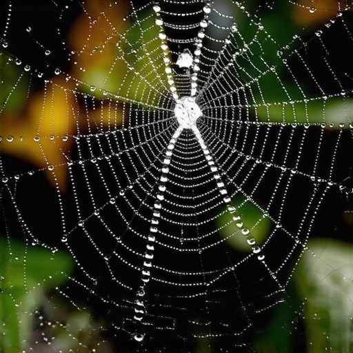 Close-up view of a spider web adorned with dew, showcasing delicate silk threads