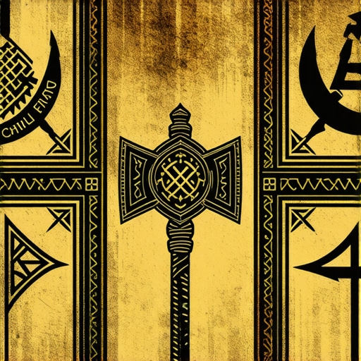 Artistic illustration of Norse symbols including Vegvisir, Mjölnir, and Valknut with runes.